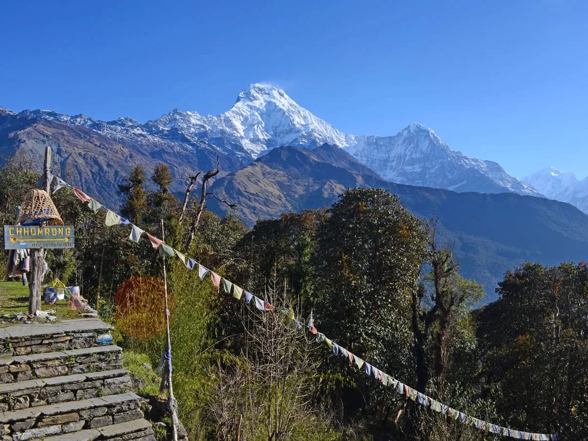 Stone steps and signpost for Chhomrong village along Ghorepani Annapurna Base Camp trek route
