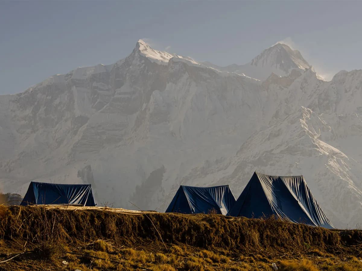 Blue camping tents set up on a grassy ridge at Khumai Danda with massive snow-capped Himalayan peaks
