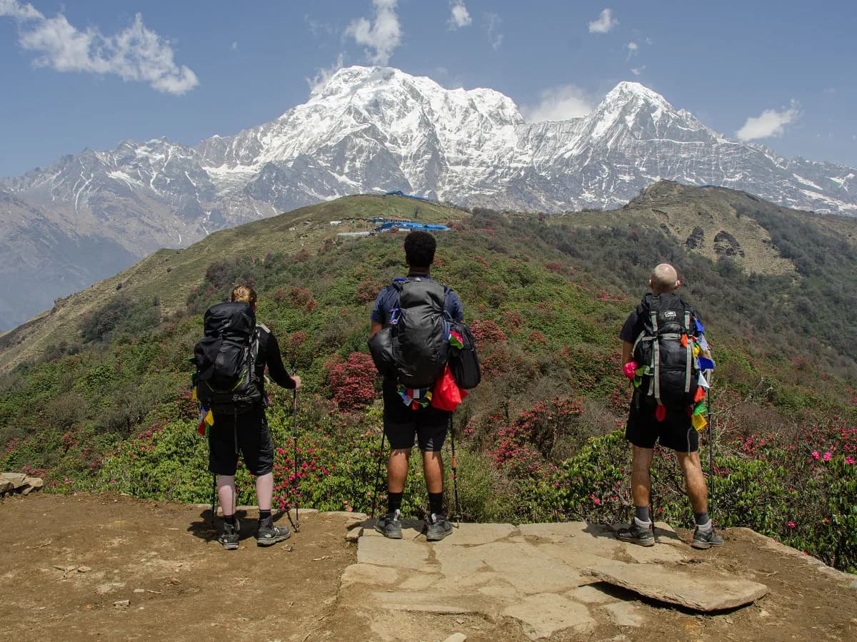 Three trekkers with backpacks taking in panoramic views of the snow-capped Annapurna mountain range