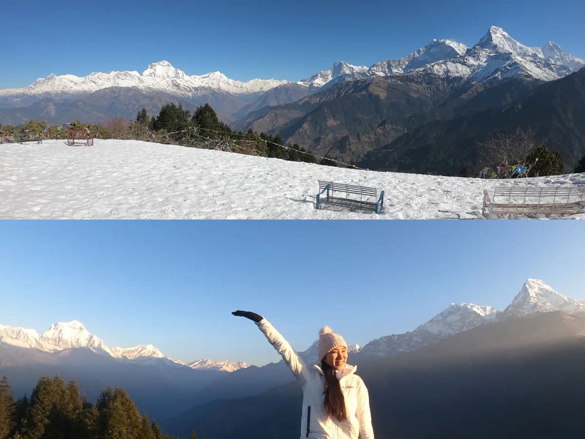 Panoramic view of snowy Annapurna range from Poon Hill with a female trekker.