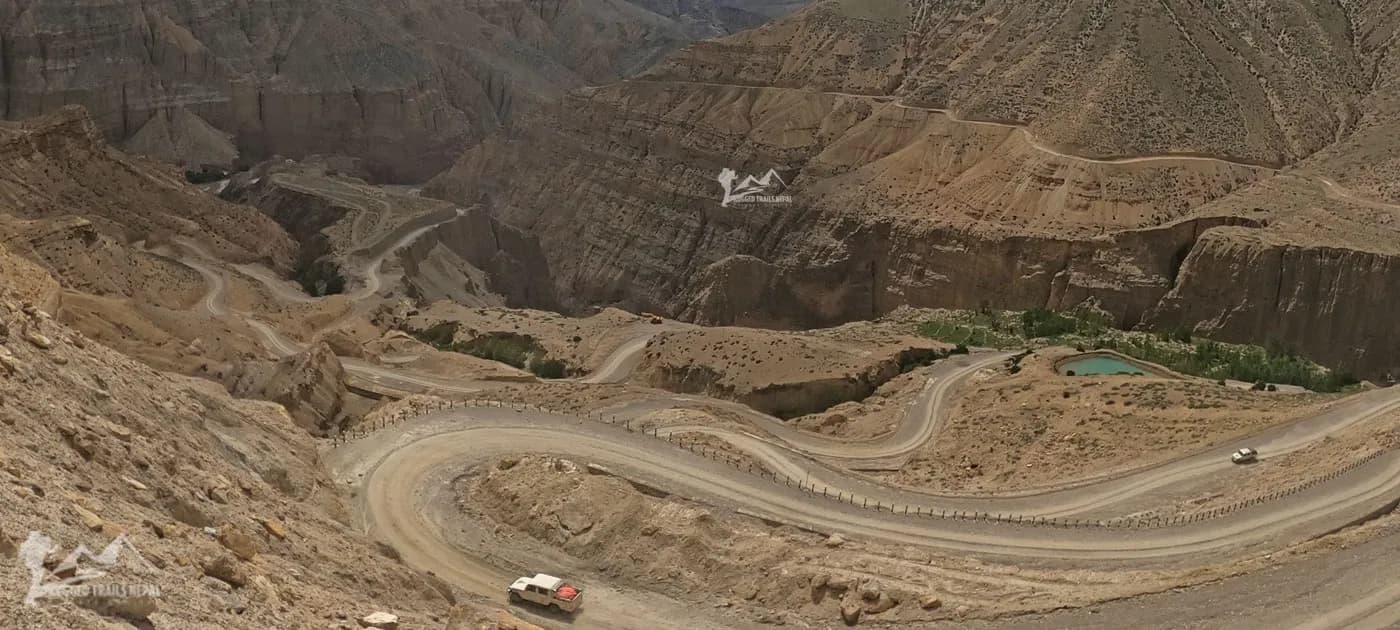 Aerial view of winding switchback dirt roads cutting through dry, rugged canyon landscapes in Upper Mustang, Nepal.