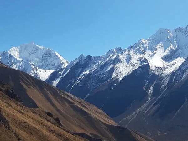 Panoramic view of rugged brown mountain slopes leading up to majestic, snow-covered Himalayan peaks in the Langtang region under a clear blue sky