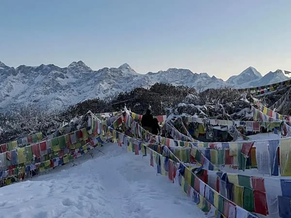 Trekkers walking along a snow-covered mountain pass lined with colorful Buddhist prayer flags on the Helambu Trek in Nepal.
