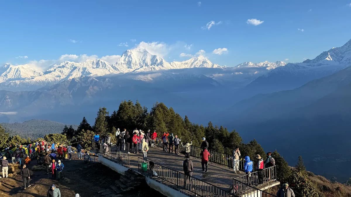 snowy mountain view from poon hill ghorepani in the morning