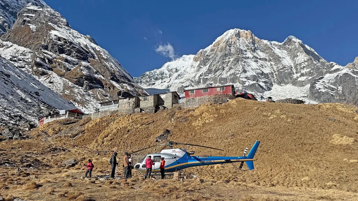 annapurna base camp with helicopter and clear mountain view