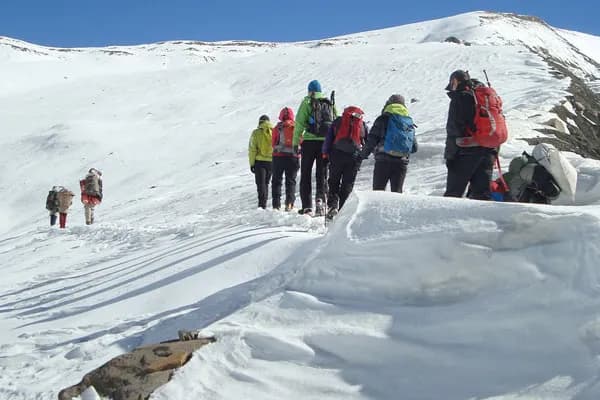 A line of mountaineers carrying heavy backpacks trekking single-file across a high-altitude snow slope