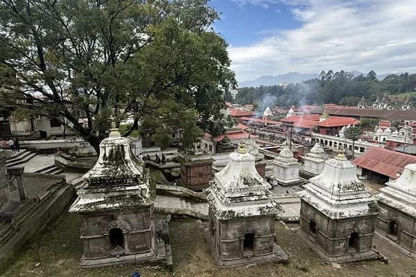 An elevated view looking down at small stone Shiva shrines with white pinnacles amidst lush greenery and red-roofed buildings at Pashupatinath