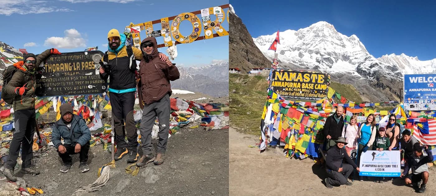 A composite photo showing trekkers celebrating at the high Thorong La Pass signboard alongside a group holding a banner at the Annapurna Base Camp welcome sign.