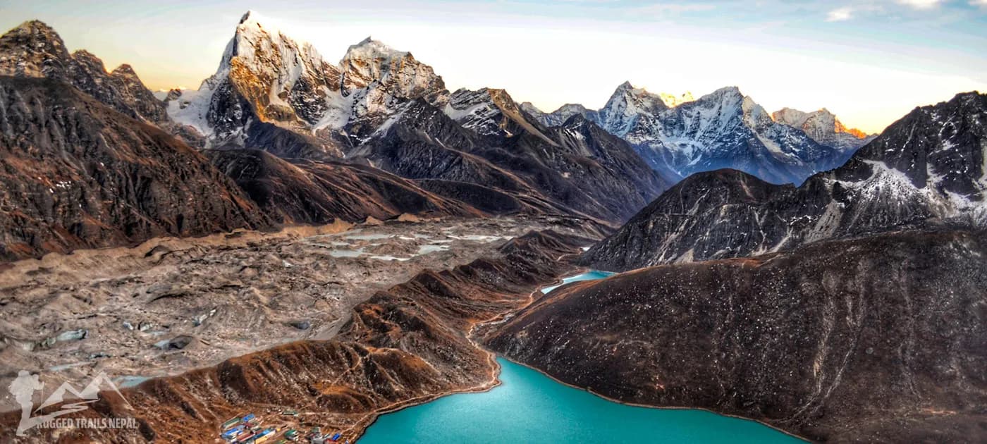 Panoramic view of Gokyo Lakes and surrounding Himalayan peaks from Gokyo Ri viewpoint