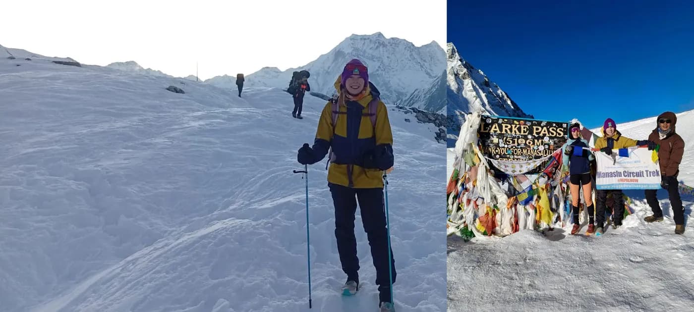 A trekker hiking across a snowy high-altitude mountain trail leading up to the Larkya La Pass on the Manaslu Circuit