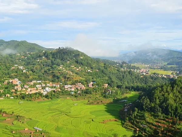 An elevated view of bright green terraced rice fields sprawling across a valley with traditional red-roofed village houses nestled into forested hills