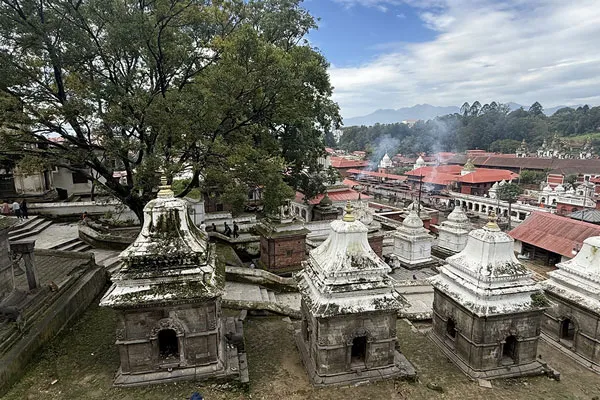 An elevated view looking down at small stone Shiva shrines with white pinnacles amidst lush greenery and red-roofed buildings at Pashupatinath