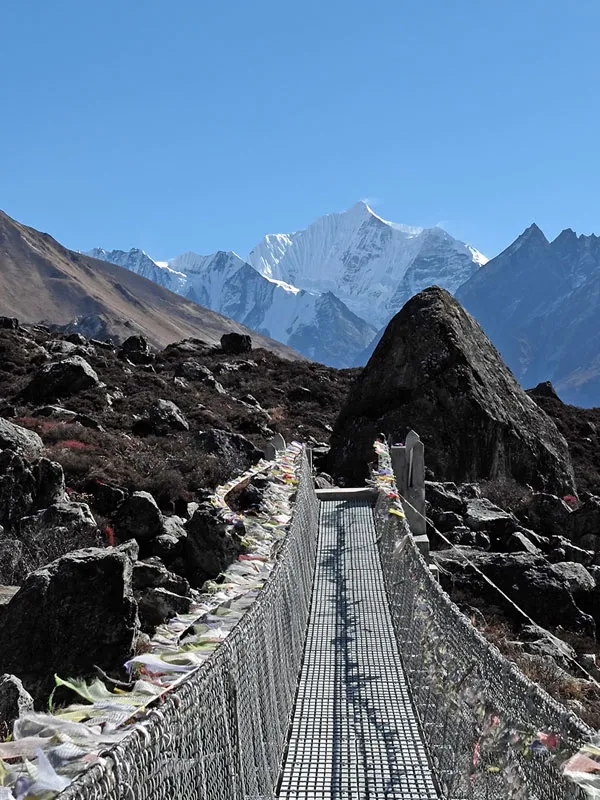 Steel suspension bridge decorated with prayer flags leading toward towering Himalayan mountain peaks