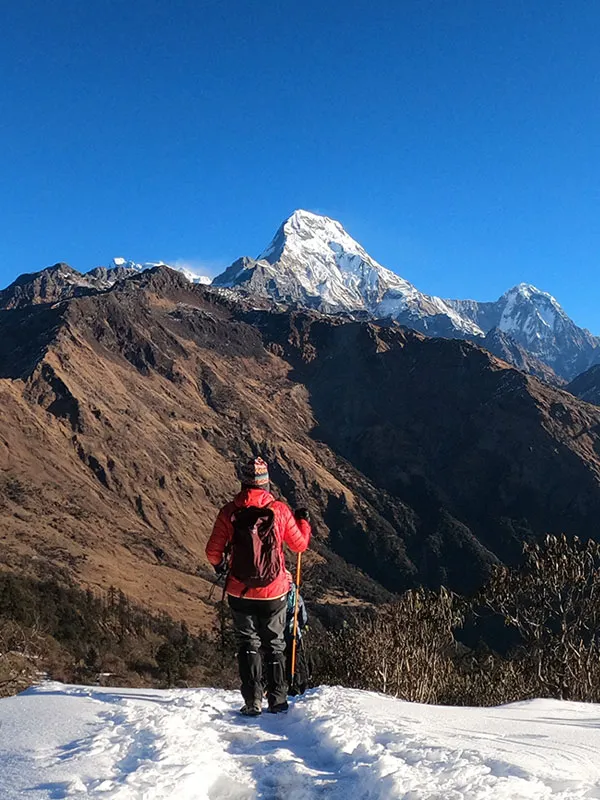 A trekker in a red jacket with a backpack stands on a snow-covered trail facing Annapurna South peak in Nepal.