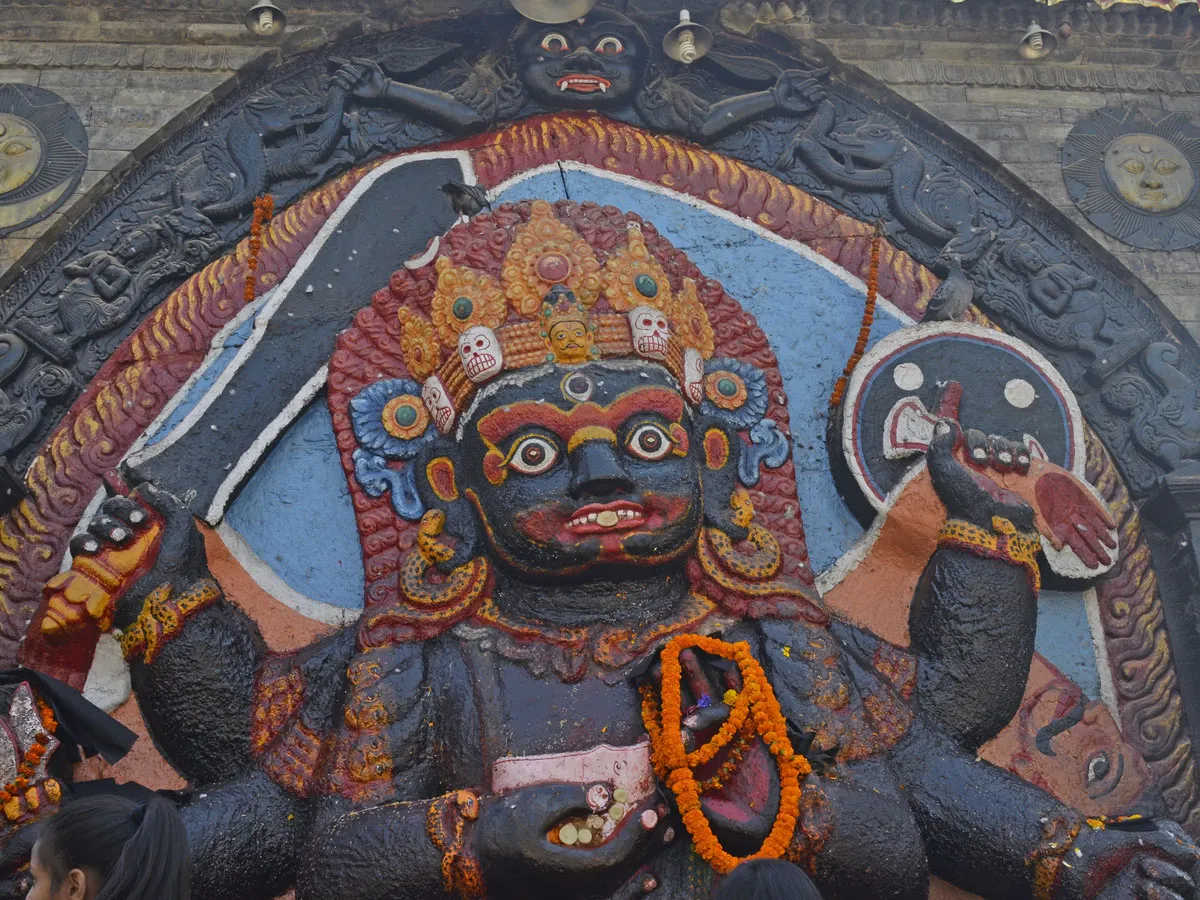 The historic relief image of Kaal Bhairava at Kathmandu Durbar Square in Nepal