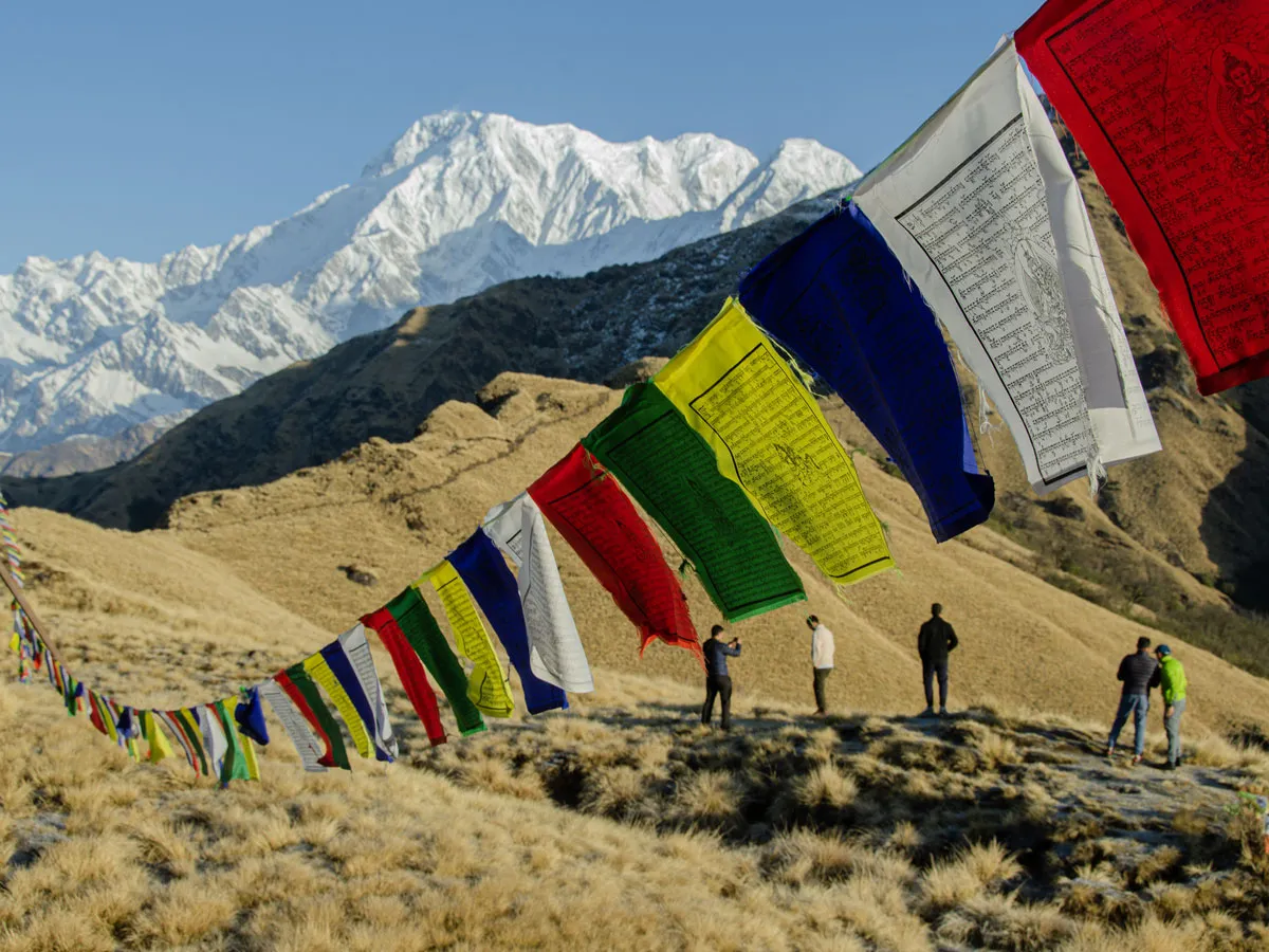 Colorful Buddhist prayer flags stretched across a high-altitude grassy mountain ridge with trekkers standing in the background and snow-covered Himalayan peaks in the distance.