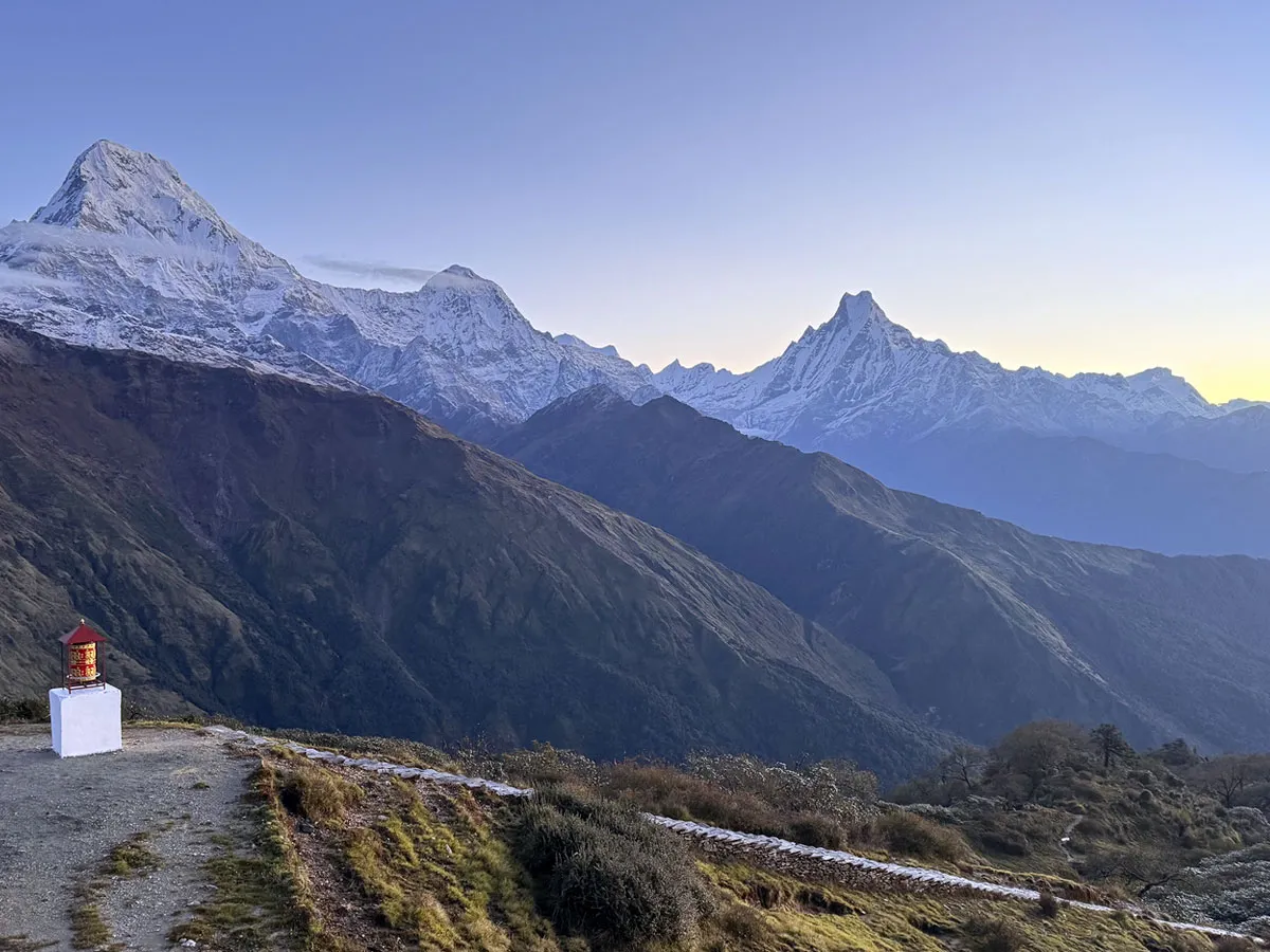 Himalayan mountain view featuring Annapurna South and Machhapuchhre peaks from Muldai Viewpoint, Nepal.