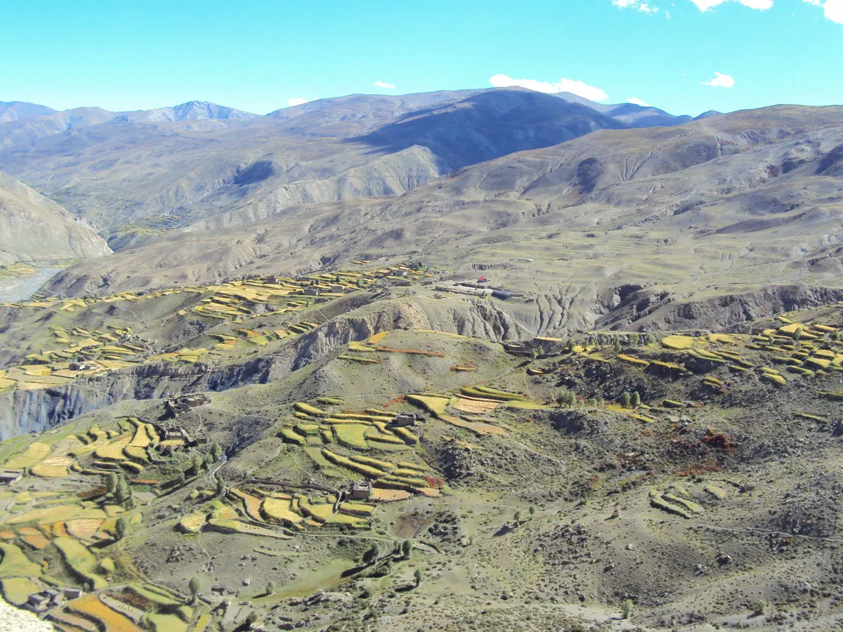 Aerial view of golden terraced agricultural fields and remote mountain villages in the arid Dolpo region of Nepal