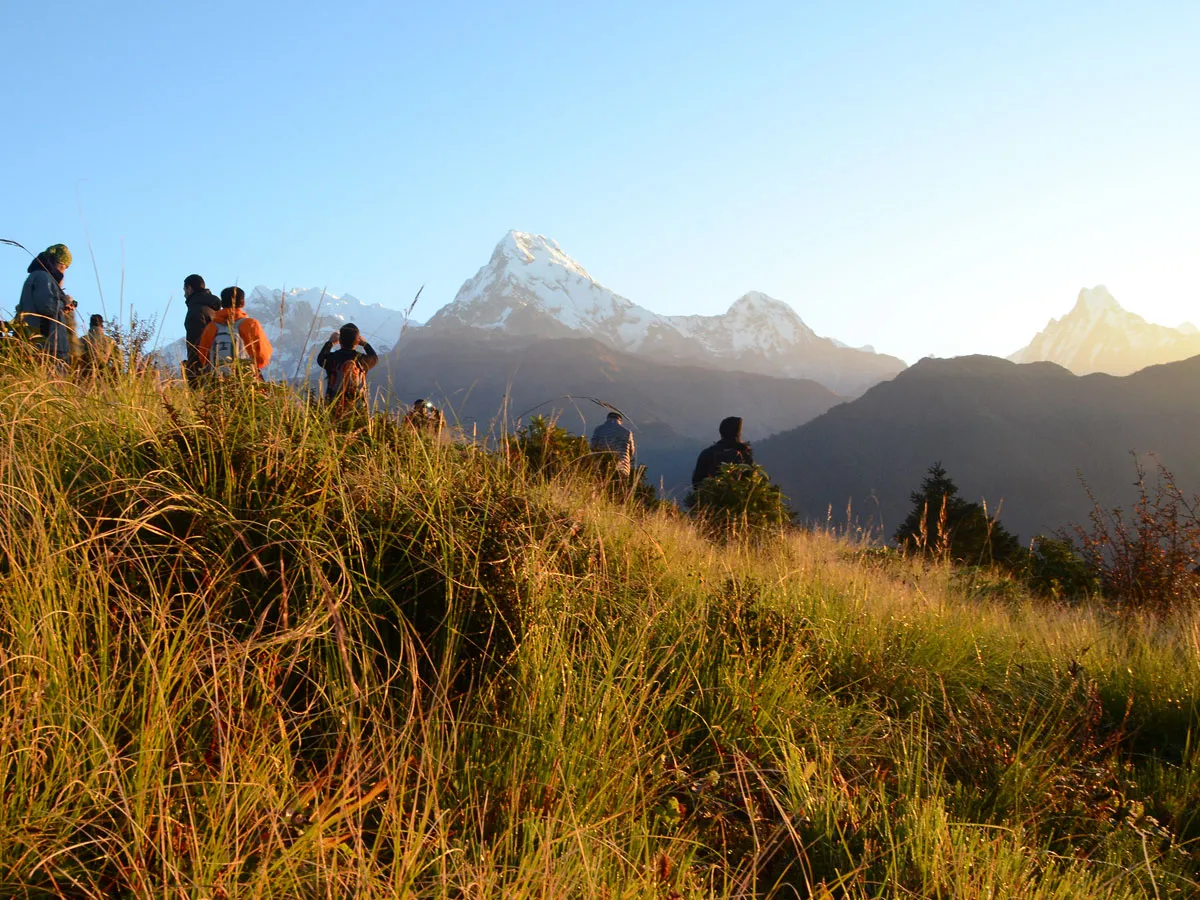 Group of hikers standing on a grassy hill enjoying the view of Annapurna South and Machhapuchhre peaks at sunrise.