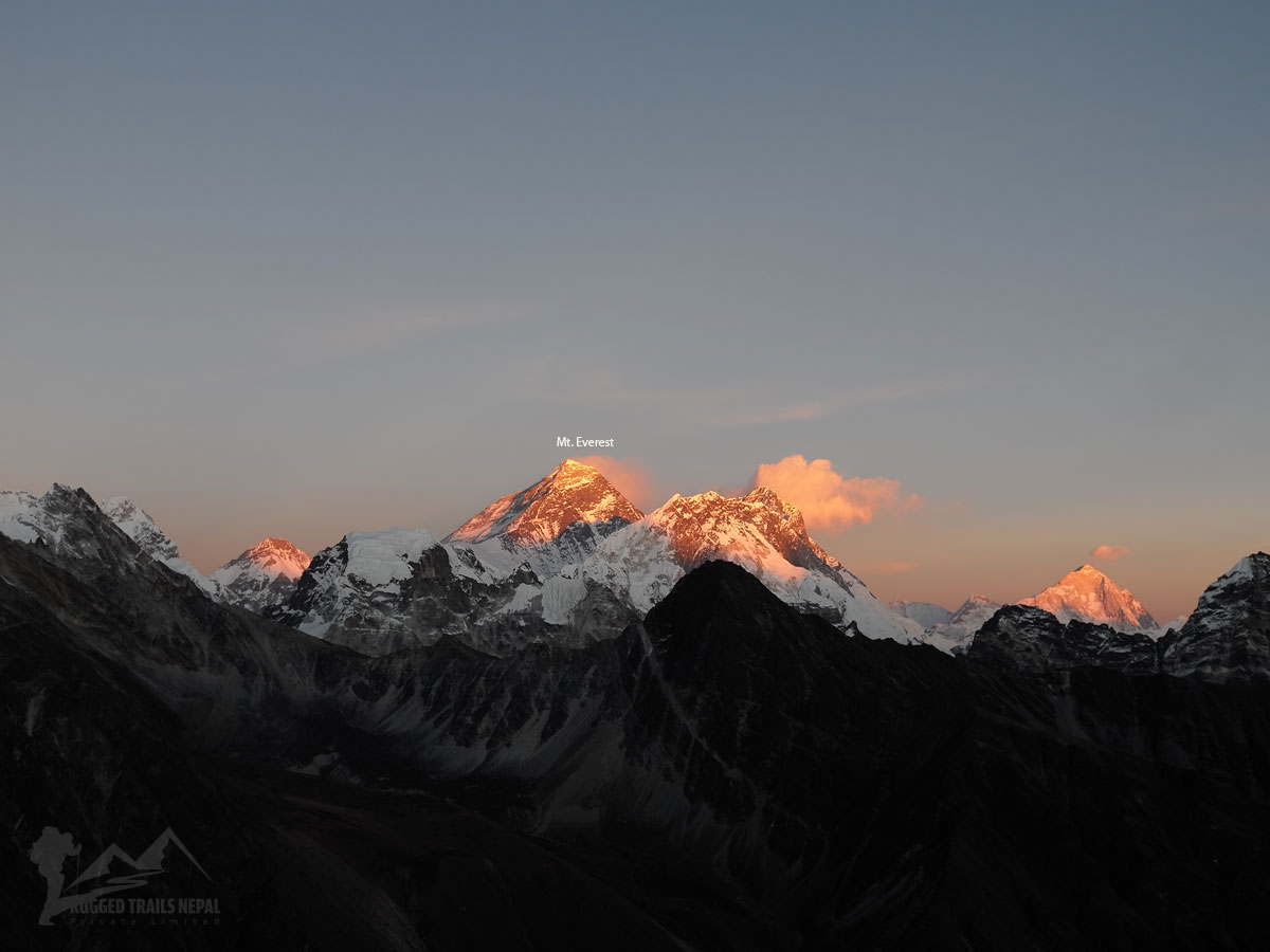 Golden sunset lighting up Mount Everest and surrounding peaks from Gokyo Ri