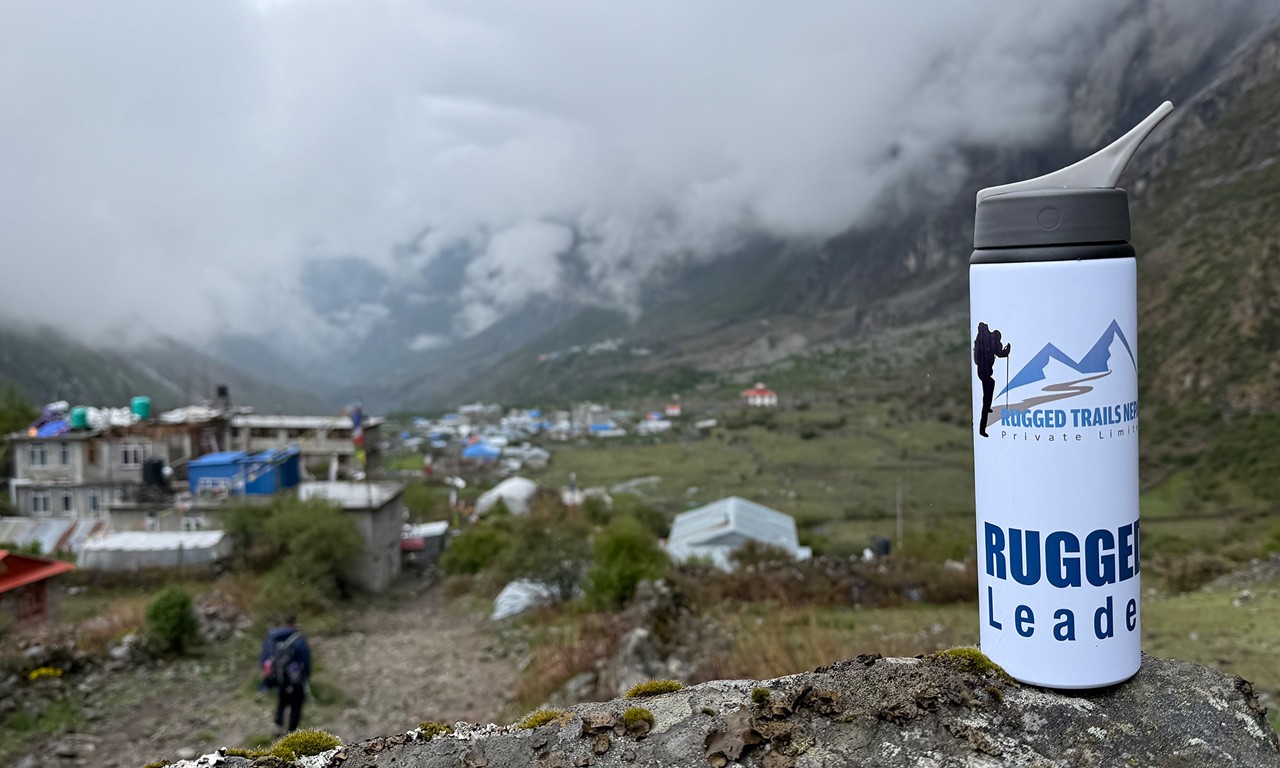 view from langtang valley top with the rugged trails nepal waterbottle