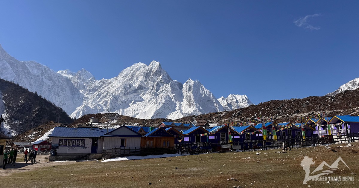 beautiful view of manaslu circuit trek teahouses with the snow himalayas