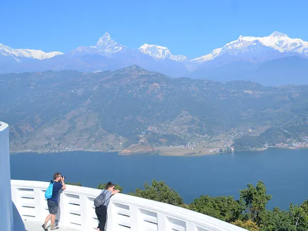 beautiful view from pokhara peace stupa of pokhara fewa lake, and mountains