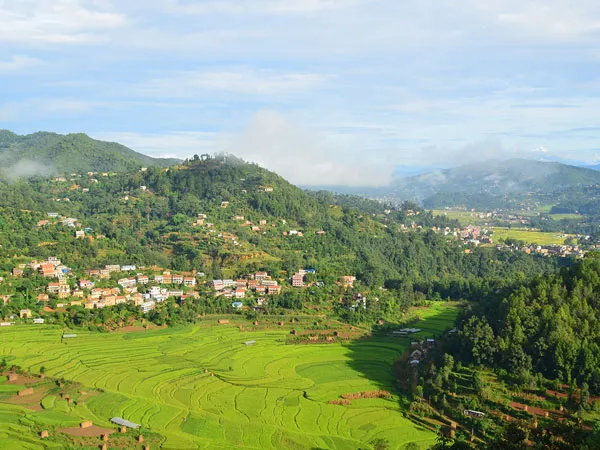 An elevated view of bright green terraced rice fields sprawling across a valley with traditional red-roofed village houses nestled into forested hills
