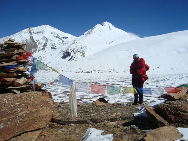 A stone cairn draped with prayer flags overlooking a vast snow-covered plateau and high mountain peaks under a clear blue sky.