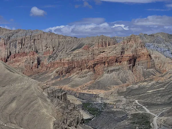 A high-angle vista showing dramatic, stratified red and ochre rock cliffs, deep canyons, and winding dirt tracks in the desert landscape of Upper Mustang under a blue sky