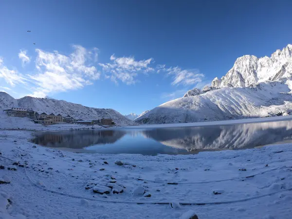 Gokyo Third Lake Snow Reflection Nepal