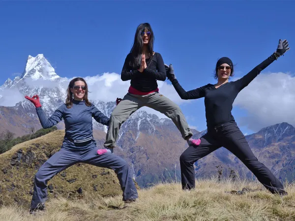 Group Yoga Pose Annapurna Mountain Viewpoint