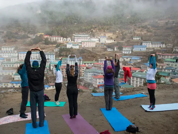 Group Yoga Session Namche Bazaar Overlook