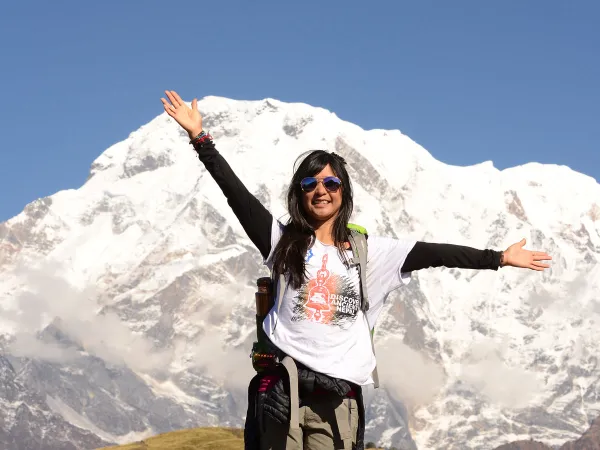 Happy Trekker Snowy Himalayan Peaks Nepal