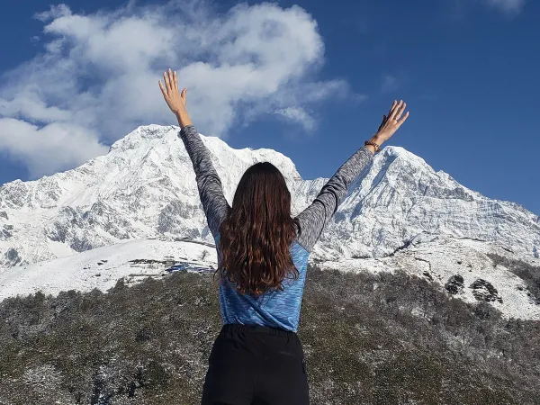 Hiker Celebrating Mardi Himal Snow Peaks