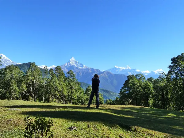 Trekker Photographing Machhapuchhre Dhampus Sarangkot