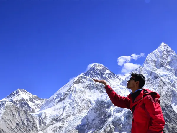 Trekker Posing Mount Everest Perspective