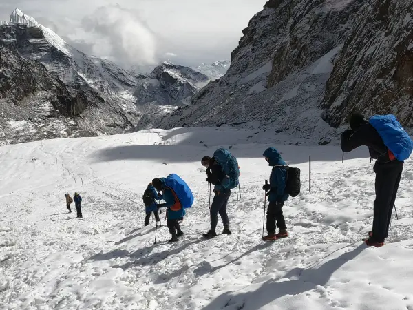 Trekkers Crossing Snowy Mountain Pass Everest