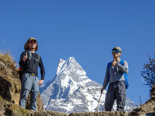 Trekkers Thumbs Up Machapuchare Fishtail
