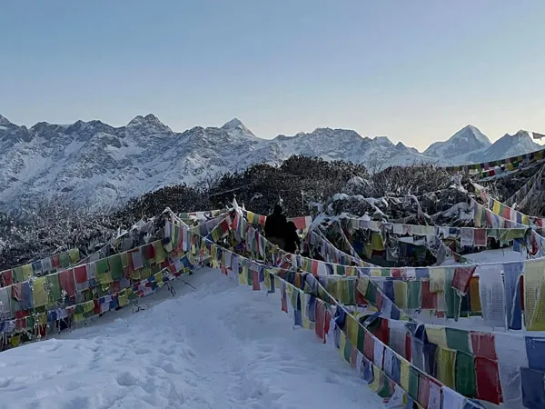 Trekkers walking along a snow-covered mountain pass lined with colorful Buddhist prayer flags on the Helambu Trek in Nepal.