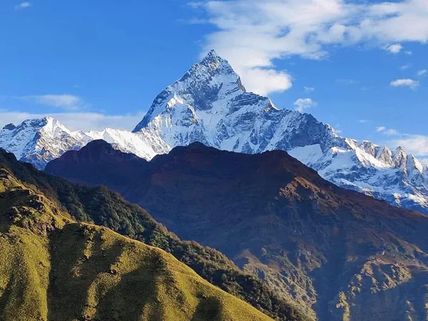Scenic, close-up view of Mount Machhapuchhre (Fishtail Peak) rising above green mountain ridges under a bright blue sky.