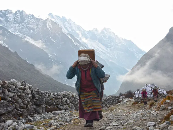 A local Sherpa porter in traditional apron carrying a heavy load using a head strap along a rocky mountain trail in Rolwaling