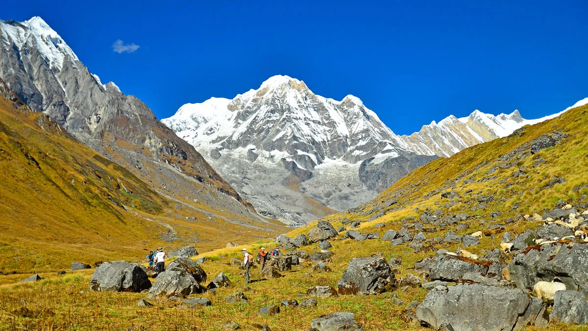 view of annapurna south from annapurna base camp