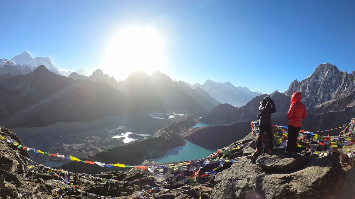 morning view from gokyo ri viewpoint with everest and lakes